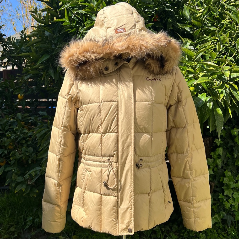South Pole Women’s Winter Jacket Puffy Coat Tan Adjustable Waist Straps